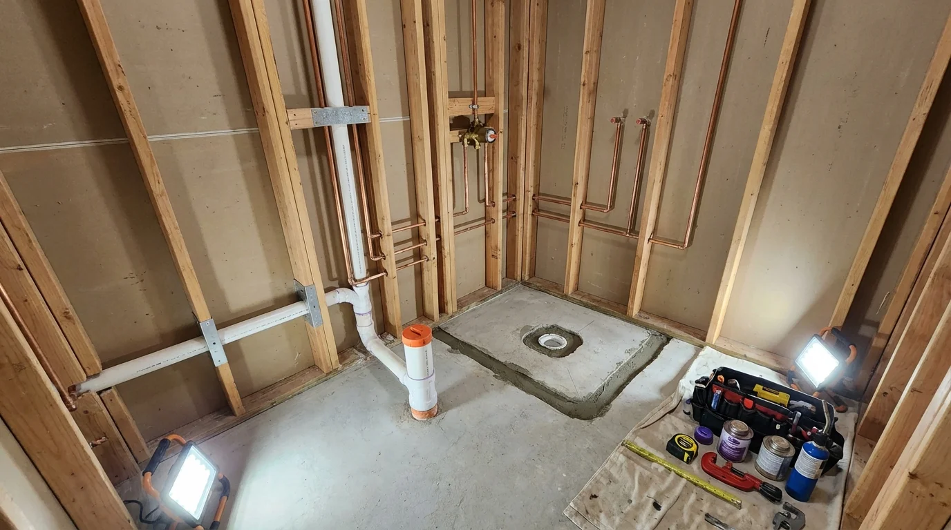 Bathroom rough-in plumbing during remodel by Johns Plumbing LLC in Humboldt