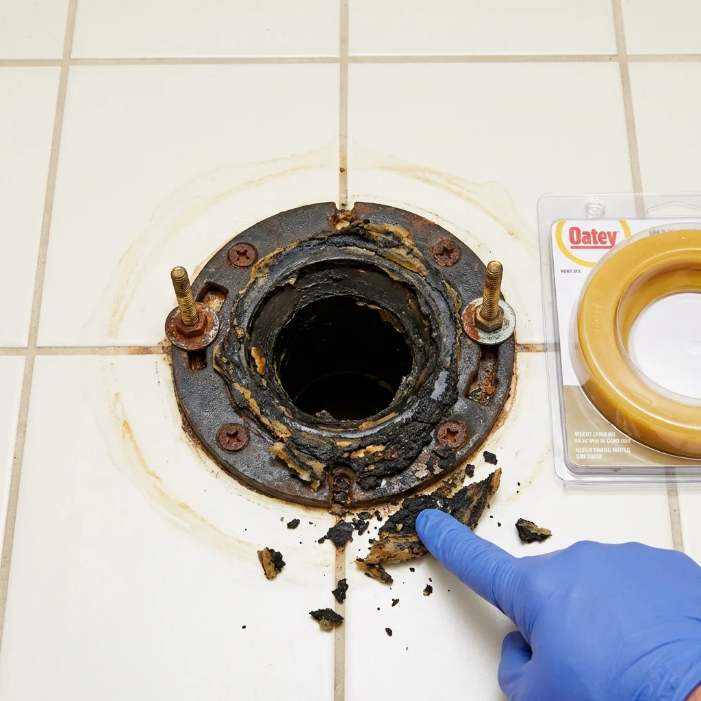 Failed wax ring showing water seepage at the base of a toilet in a Humboldt, KS home
