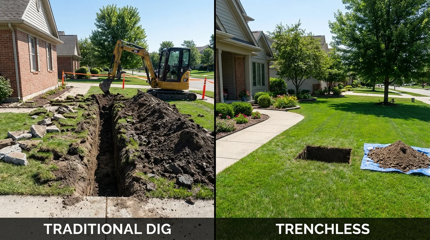 Trenchless sewer repair with minimal yard damage versus traditional excavation in Humboldt, KS