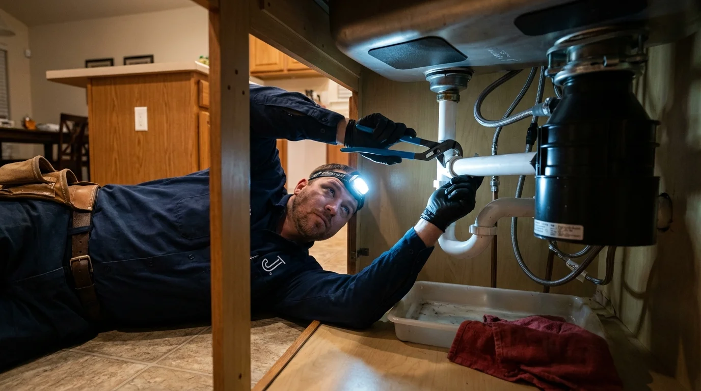 P-trap and supply line connections under a kitchen sink showing a common leak point in Humboldt, KS